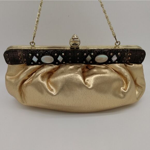 EUC VINTAGE FAYE MELLE Original Rhinestone Mother of Pearl Fluffy Gold Clutch - Picture 16 of 16